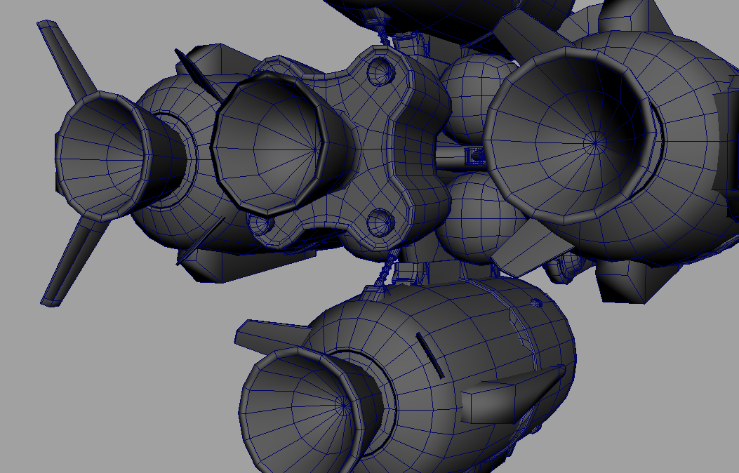 Wireframe on the thruster cluster, where most of the polygon budget went