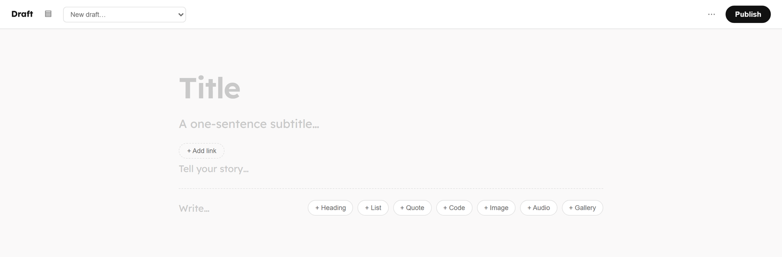 A new draft. Title, subtitle, then blocks: heading, list, quote, code, image, audio, gallery.